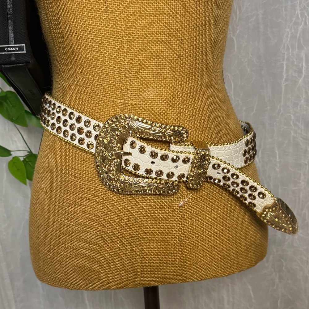Genuine Leather White Croc Embossed Rhinestones Western Belt Y2K Cowgirl